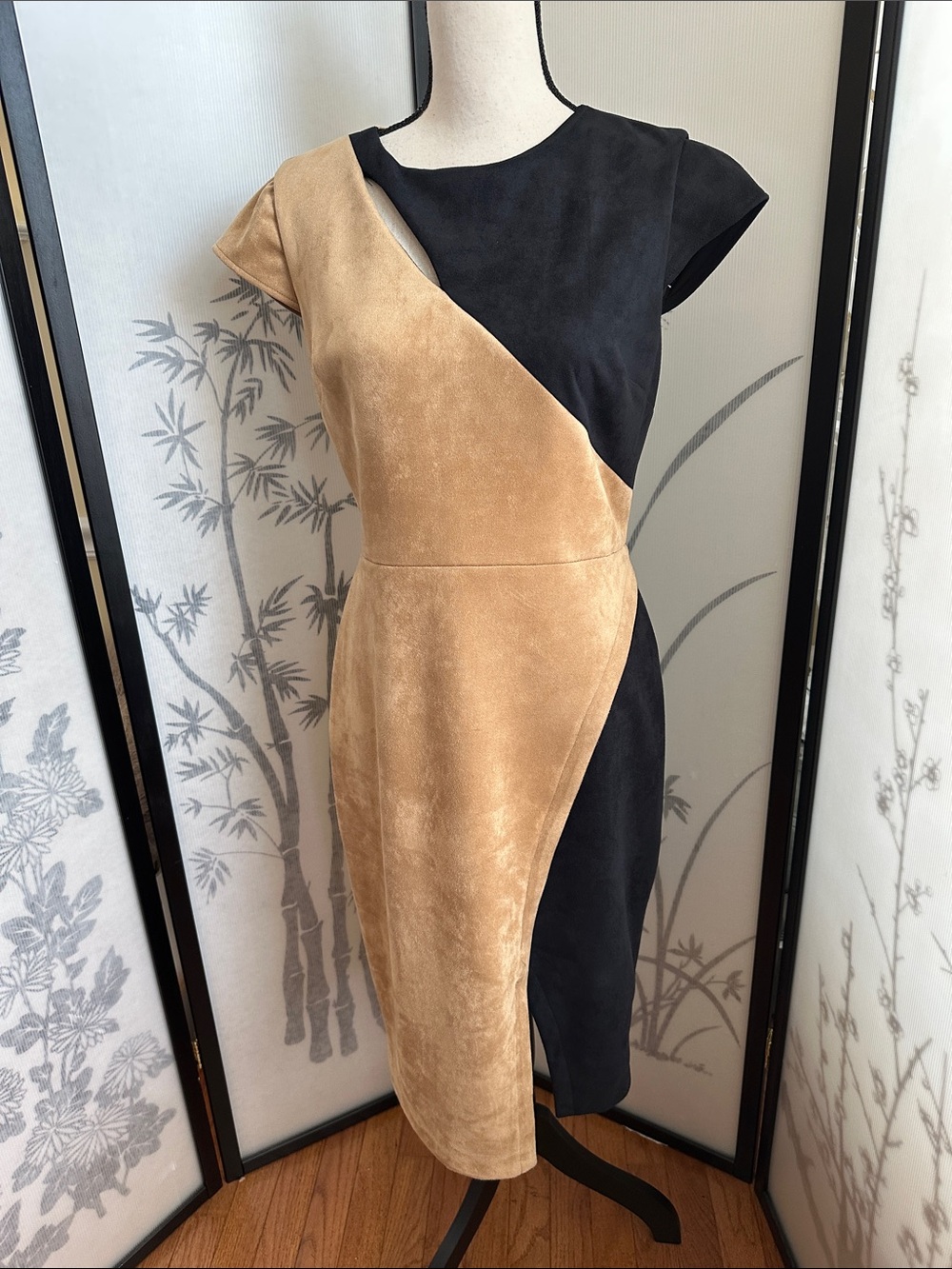New York & Company Black and Tan Two-Tone Sheath Dress